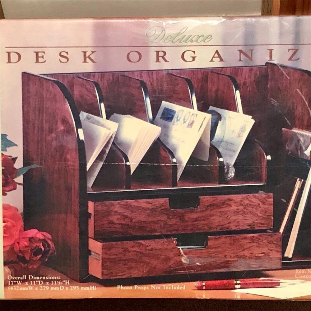 Deluxe Desk Organizer Wood Finish Letter Mail Holder with Drawers